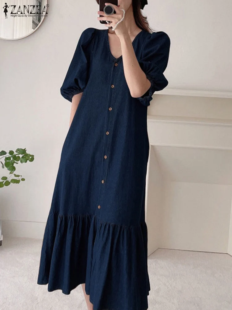 Women Denim Blue Robes Longue ZANZEA Oversized Fashion Summer Puff Sleeve Maxi Vestidos Retro Dress Casual Solid Baggy Sundress