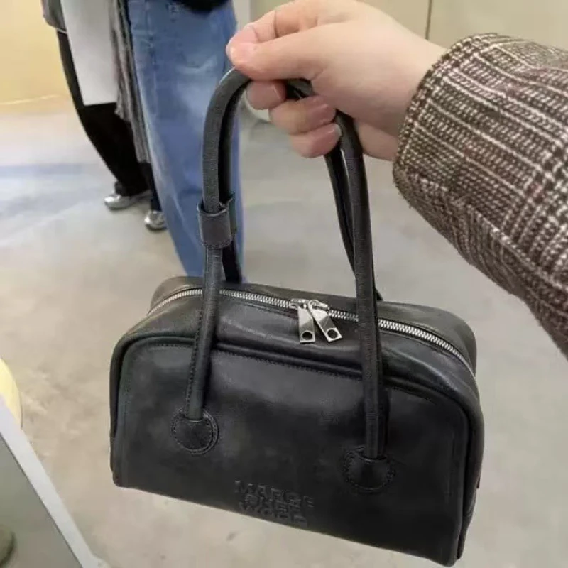 Margesherwood new Korean fashion casual leather Boston handbag, underarm single-shoulder bag