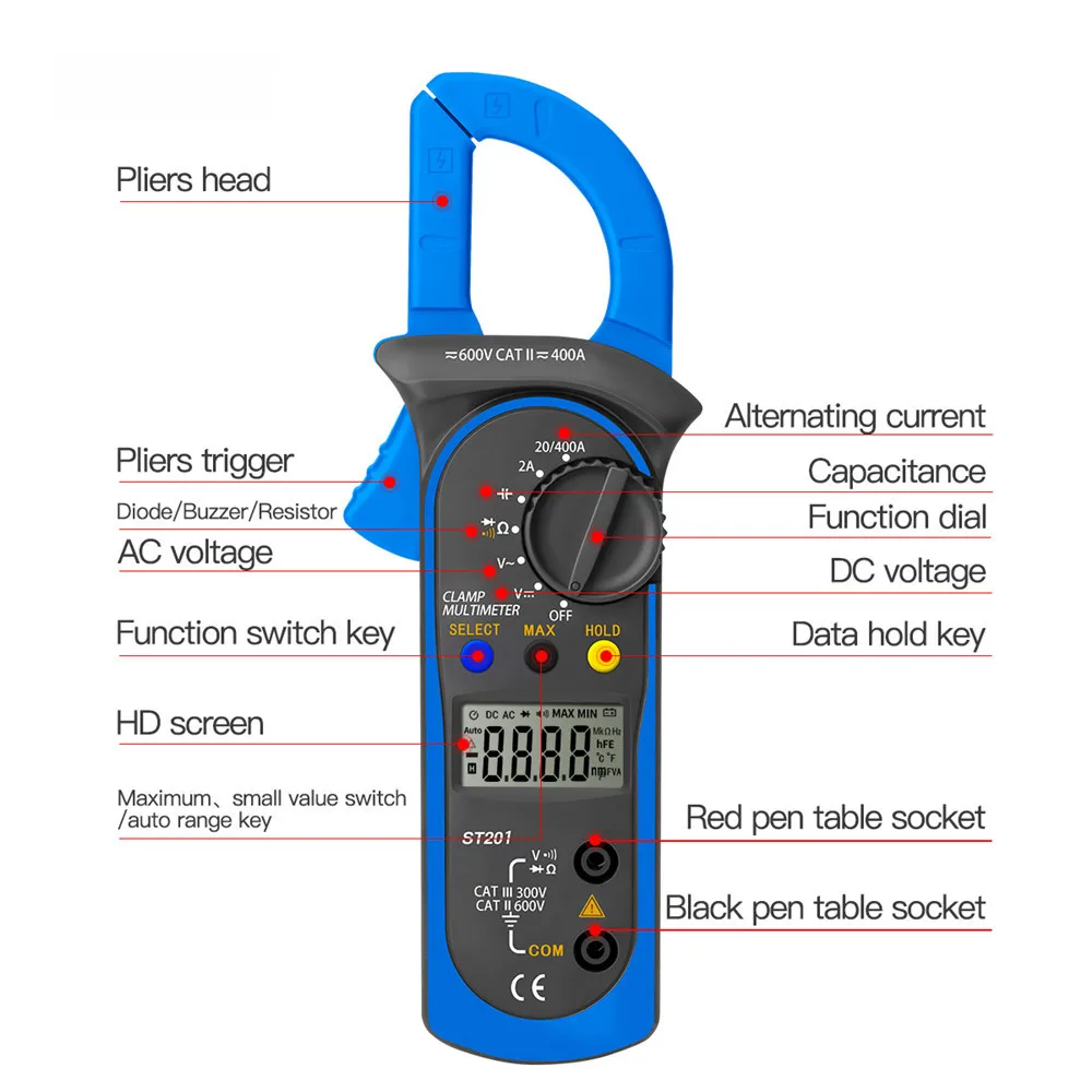 ST201 Digital Clamp Meters Multimeter AC/DC Voltage Tester Current Resistance ohm Tester Transistor Testers Mult Power Meter