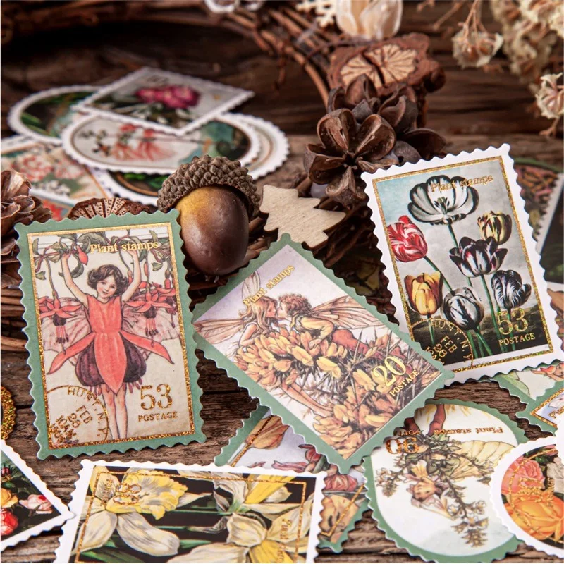 30Pcs No‑Repeat Vintage Stamp‑Style Gold Foil Forest Plant Themed Stickers,Vintage Scrapbook Accessories,Decor Stickers