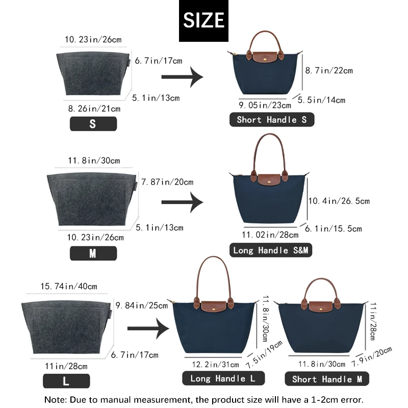 EverToner Durable Storage Insert Bag Portable Multi-Pocket Linner Bag Fits for Long-chmp Handbag Travel Felt Organizer