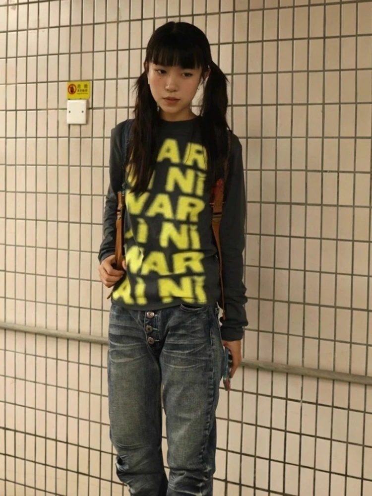 เสื้อยืดพิมพ์ลายสไตล์ Y2K แนวสตรีทแวร์ ผู้หญิง พังก์ ทรงเข้ารูป ปี 2025 ฤดูใบไม้ร่วง ฮาราจูกุ กรันจ์ วินเทจ