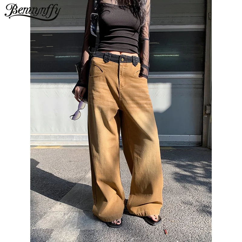 

Benuynffy Vintage Colorblock Mid Waisted Jeans for Women 2026 Spring New Casual Streetwear All-Match Loose Wide Leg Denim Pants