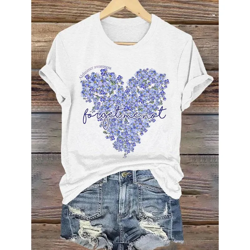 Women's Forget Me Not Print T-Shirts Summer Casual Round Neck T Shirt Short Sleeve Tops Tees