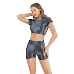 Sexy Women Candy Color Short Top Sheer See Through Short T-Shirt Oil Glossy Shiny Tops Shirts Summer T-shirt Yoga Wear
