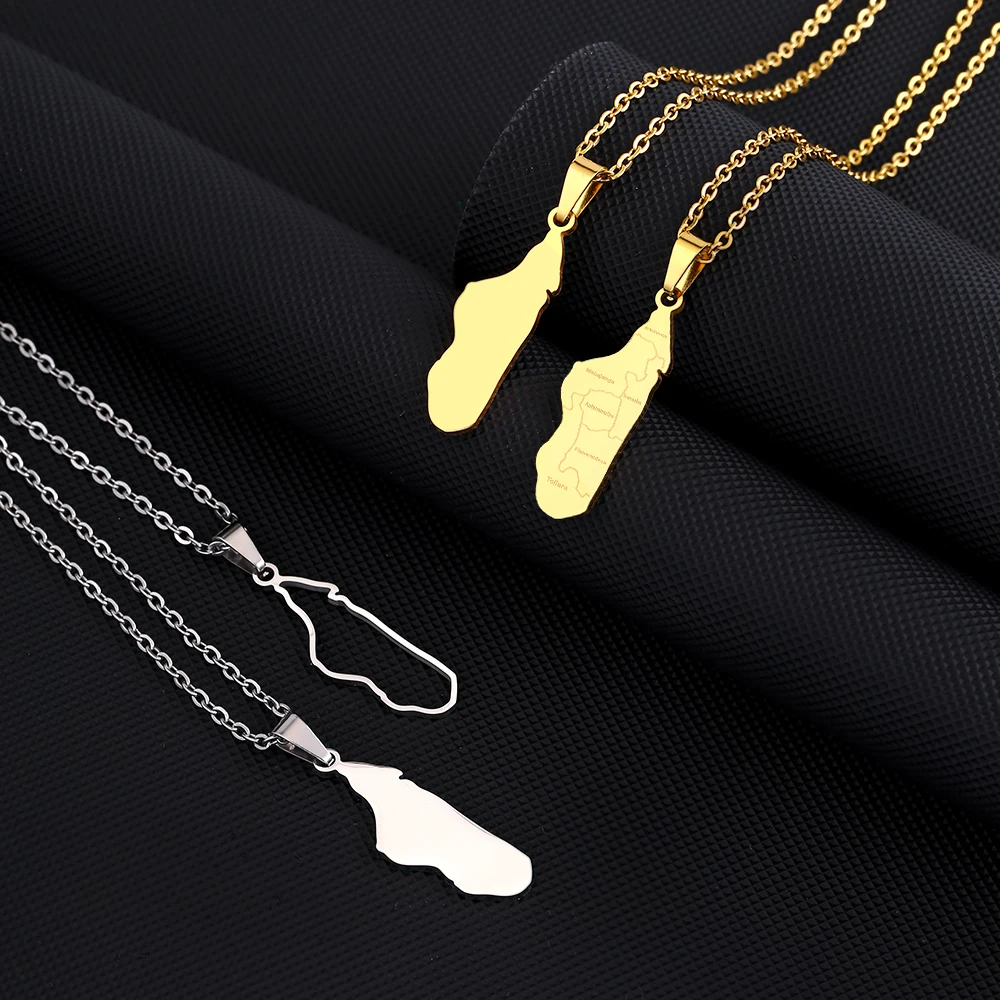 African Madagascar Map City Pendant Necklace Stainless Steel Gold/Steel Color Men Women Country Map Jewelry Gift