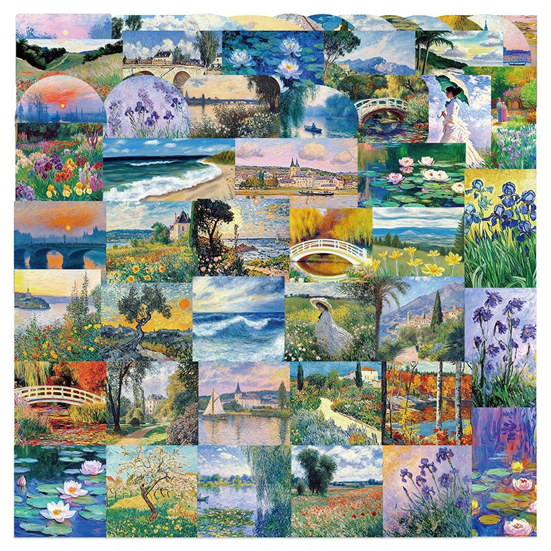 50pcs Oil Painting Landscape Stickers Waterproof Vinyl Decals For Luggage And Notebooks Assorted Small Sizes Graffiti Stickers