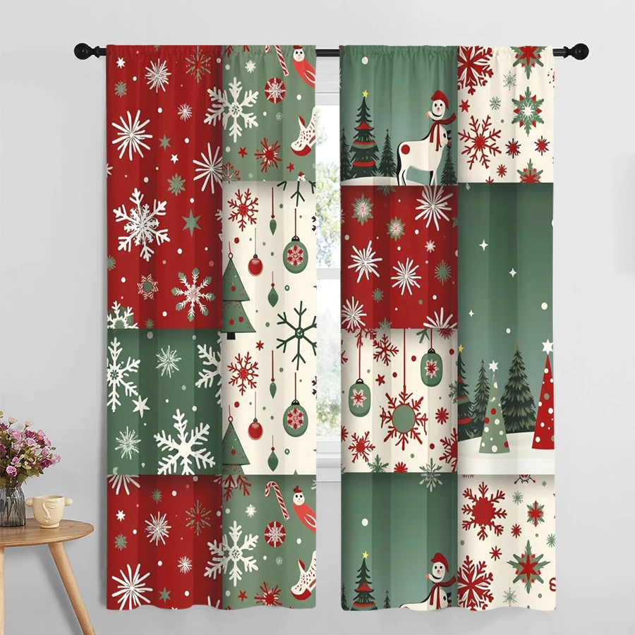 2PCS Christmas Patchwork Curtains, Red Green Plaid Snowman Tree Reindeer Winter Holiday Window Drapes for Bedroom Decor