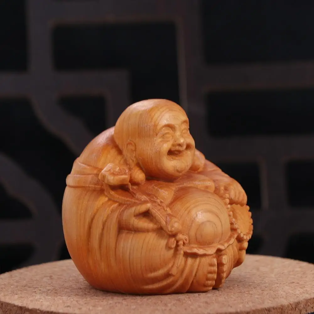 Mini Statue de Bouddha en Bois Faite à la Main, Sculpture de Maitreya qui Rire, Artisanat Miniature, Calcul Carimplanté, Cadeau