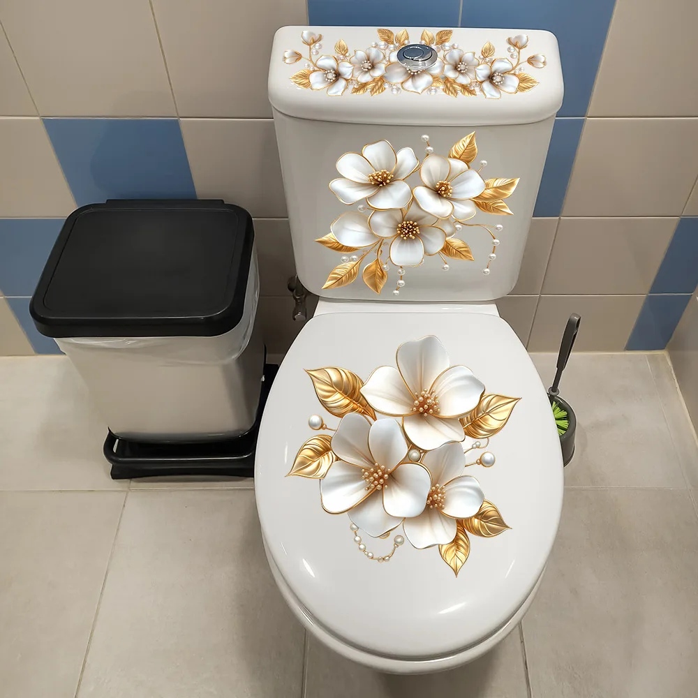 Beautiful Gold Foil Pearl Magnolia Toilet Decor Sticker Luxury Bathroom Art Decal Waterproof Mural Home Improvement Cover