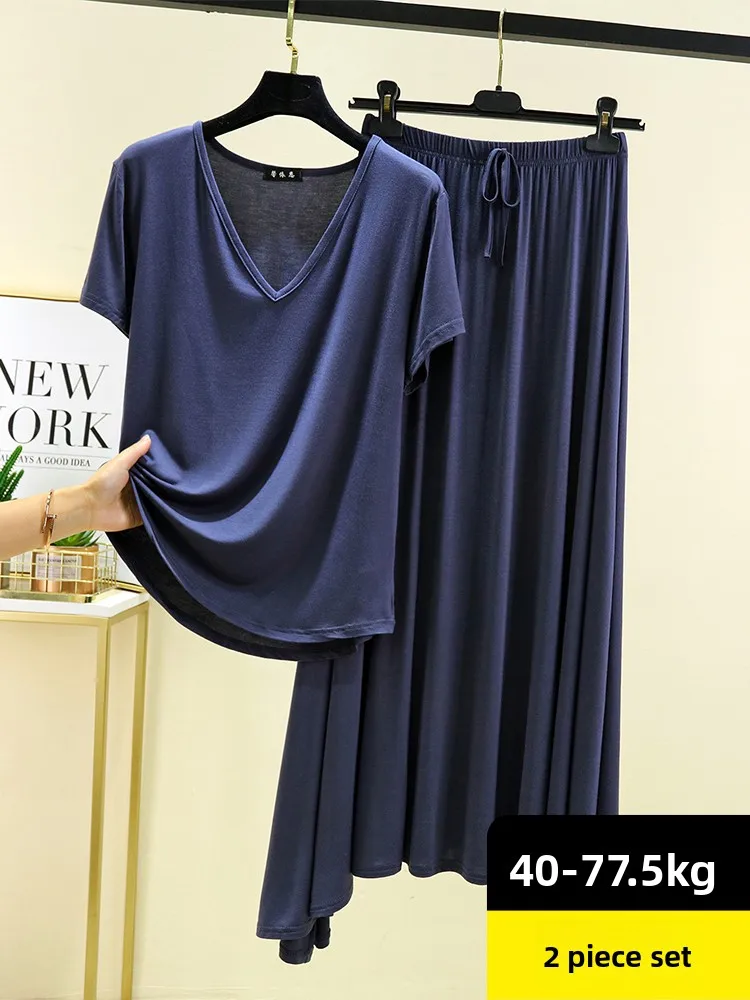 

Loose Casual V-Ne ort Sve Modal T-irt Skirt Set Women Summer Outdoor Wear Home Clothes plus Size Comfortable Two-Pie...