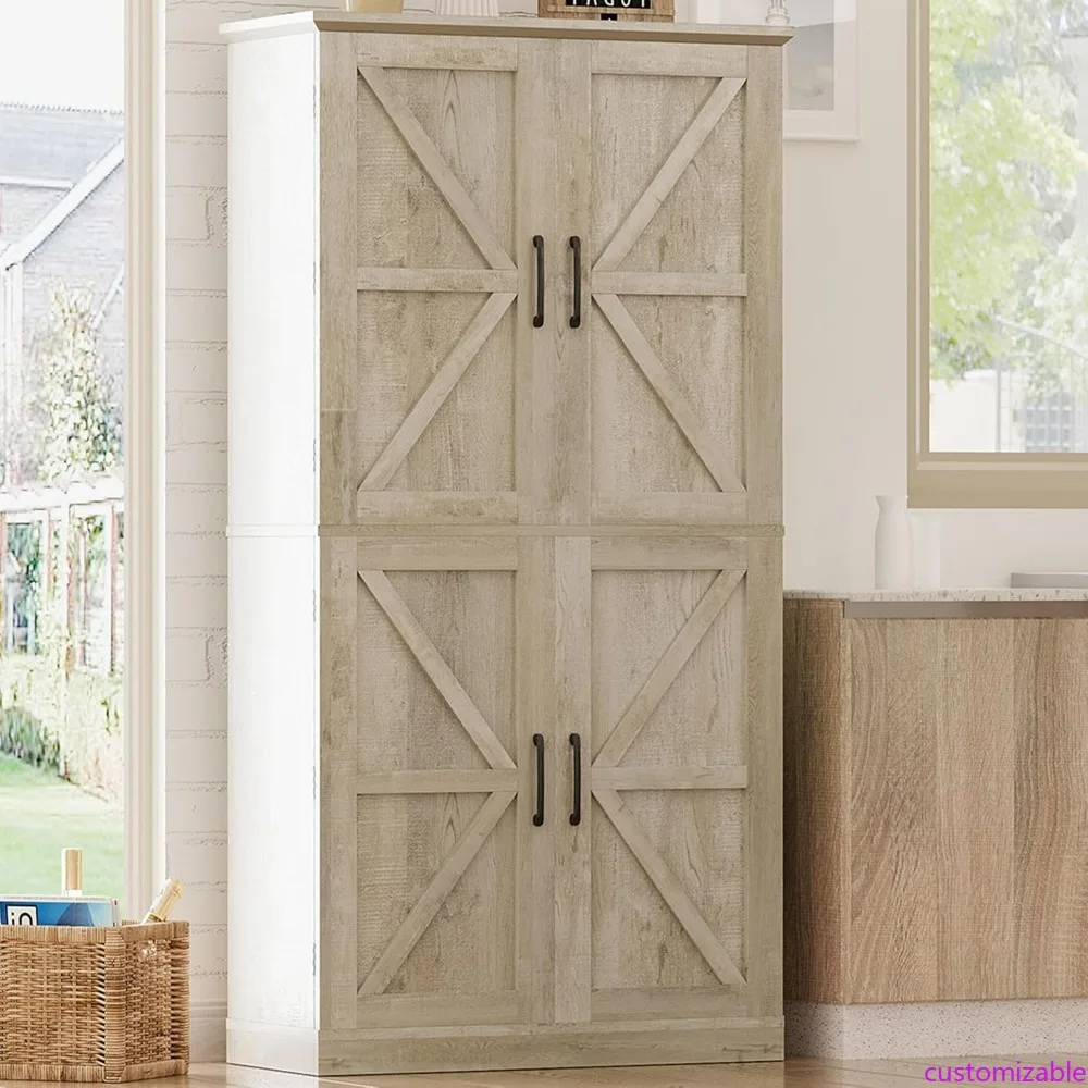 

Freestanding Kitchen Cabinet with 72.8 Height, 4 Barn-Style Doors, Storage Rack, and 4 Adjustable Shelves for Dishes