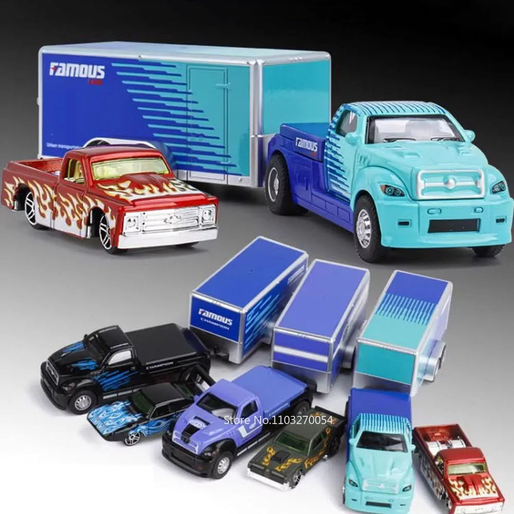 Remolque de contenedor 1:64, modelo de juguete fundido a presión de aleación, puerta trasera de coche, puede subir, vehículos en miniatura, regalo sorpresa para niños