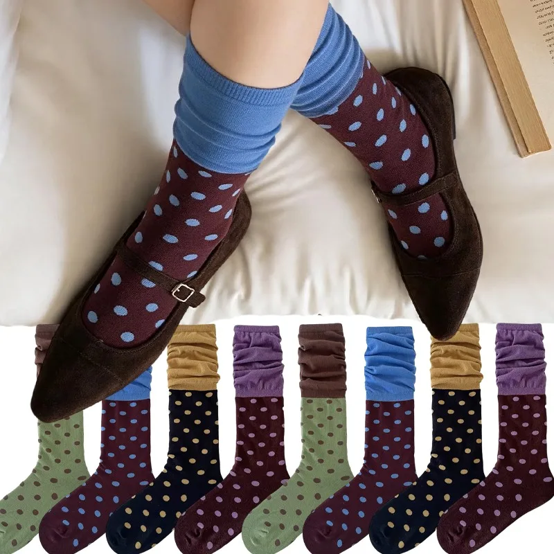 1/4Pairs Versatile Polka-dot Stockings for Women Color Blocked Slouchy Sock Long Knitted Mid-Calf Socks Color-blocking Stockings