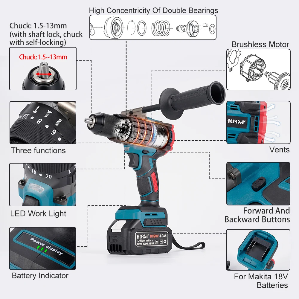 Hormy 18V Brushless Electric Screwdriver 150N. m Three function Dual speed Lithium Battery Drill with 20 gear Torque Adjustment