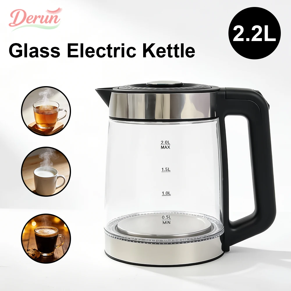 2.2L Clear Glass Electric Kettle Fast Heating Boiler Auto Shut Off Anti-Dry Burn Portable Water Kettle for Kitchen