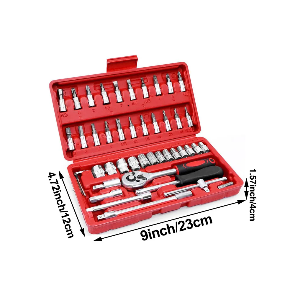 46pcs 1/4 Inch Drive Socket Set Ratchet Wrench Set Car Tool Kit, Bit Socket Wrench Set Metric Mechanic Tool Set