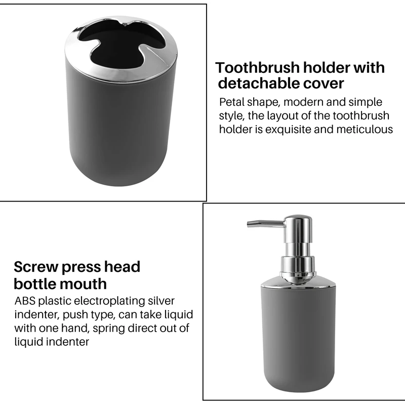 مجموعة ملحقات الحمام البلاستيكية المكونة من 4 قطع، مجموعة ملحقات فرشاة المرحاض للحمام مع حامل فرشاة الأسنان، كوب فرشاة الأسنان (رمادي) - A73M