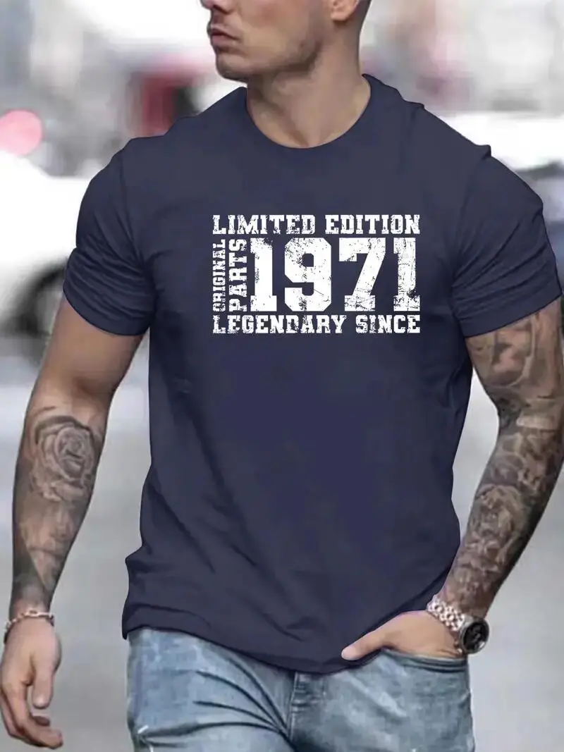 "LIMITED 1971 EDITION" رسائل طباعة عادية طاقم الرقبة قصيرة الأكمام بلايز للرجال ، التجفيف السريع مريح تيشيرت صيفي غير رسمي