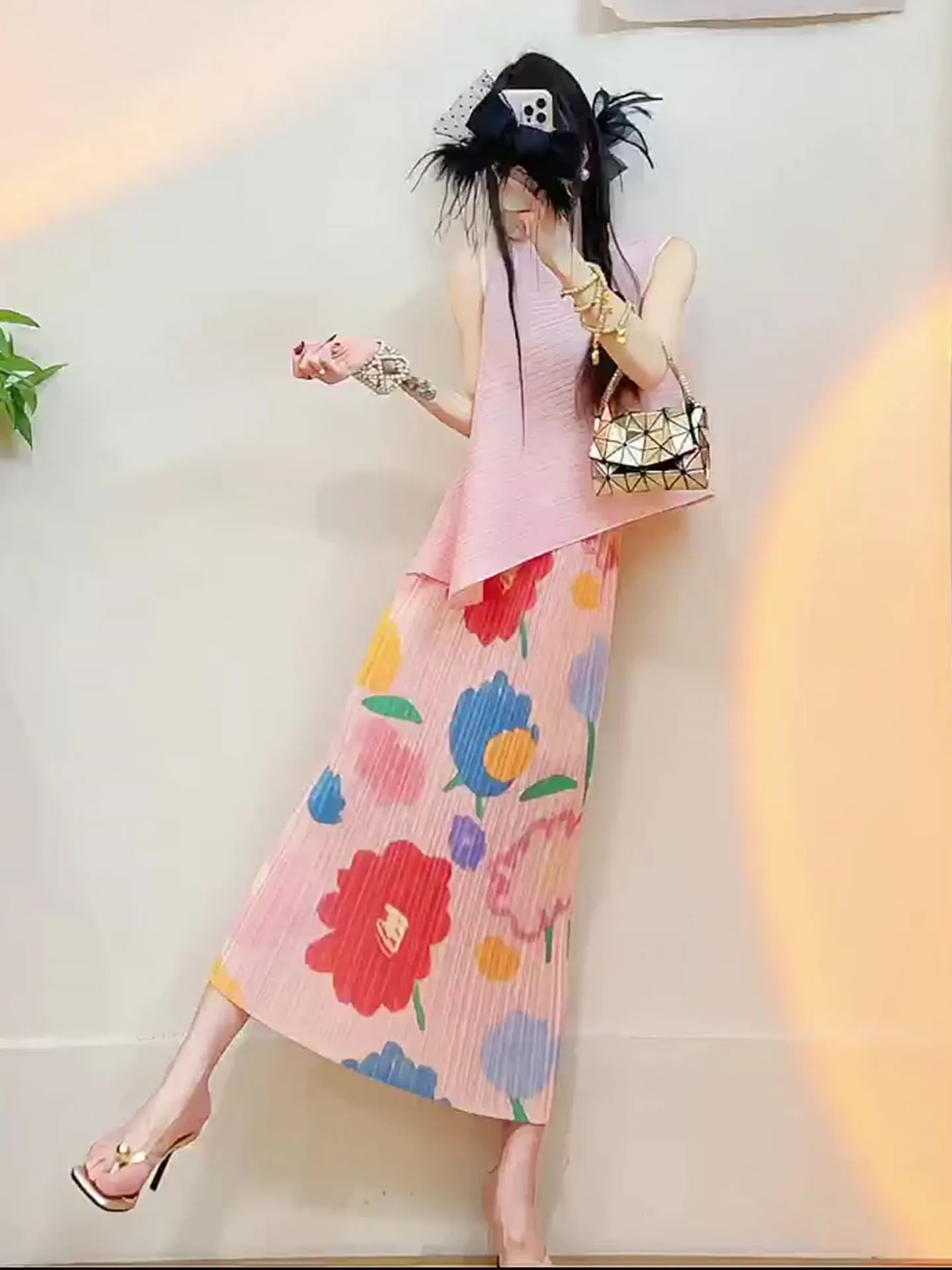 

Pink Floral Print Asymmetrical Hem Blouse And Skirt Set Women's Summer Fashion Soft Style Polyester Breathable Midi Outfit