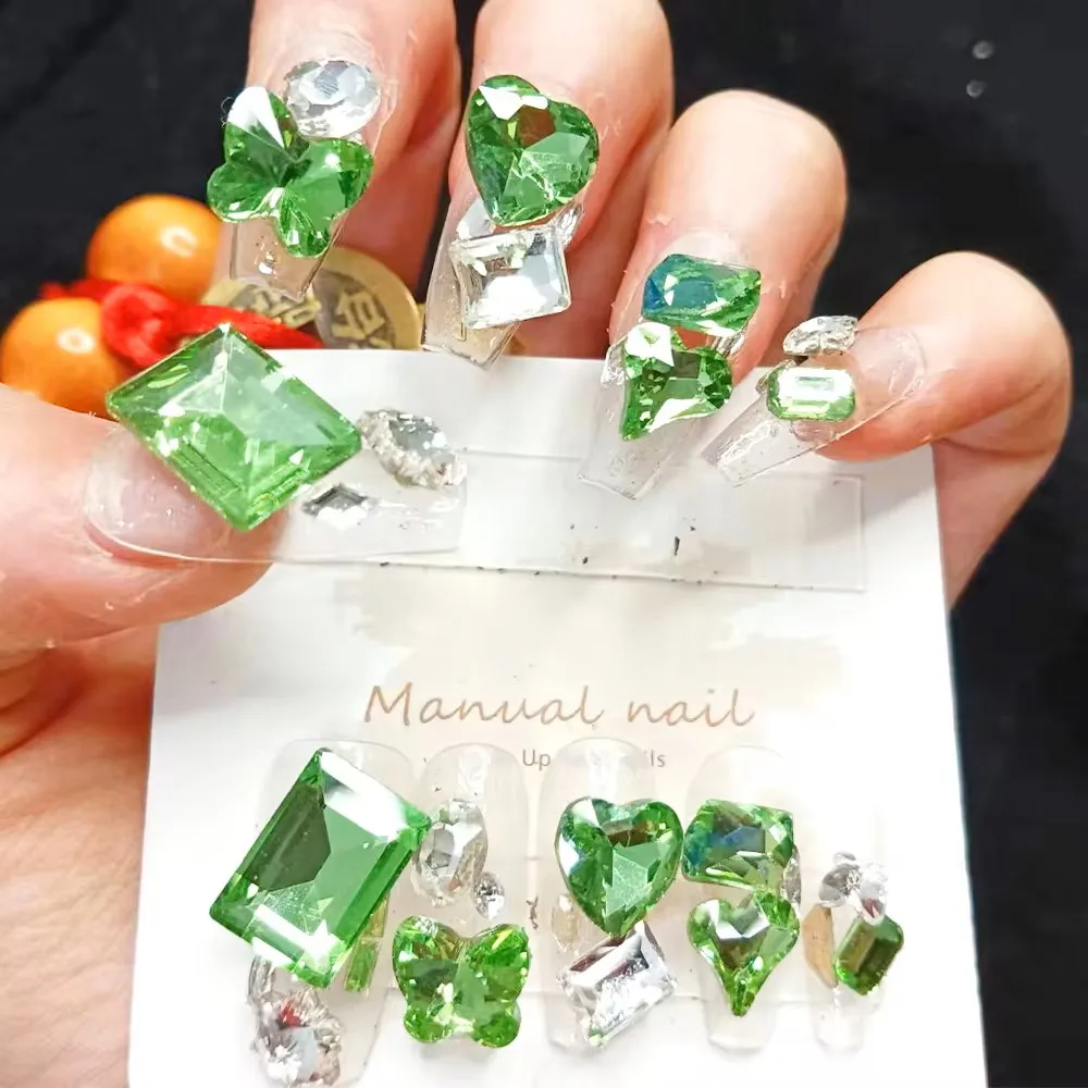 10pcs High Quality Handmade Press on Nails BLingBLing Green Starry Sky Shining Eyes Nail Equipment Nails for Kids Girl