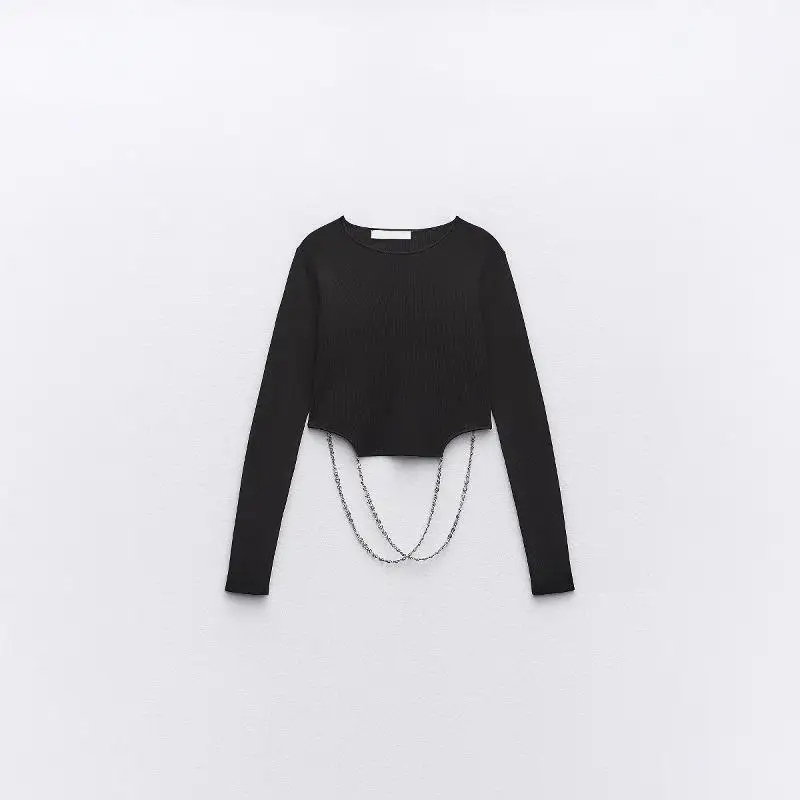 Herfst Dames Lange Sve Gebreide ort Asymmetrische Top Sieraden Ketting Verfraaid Lage Ronde Ne Polyester Vezel Pure Kleur