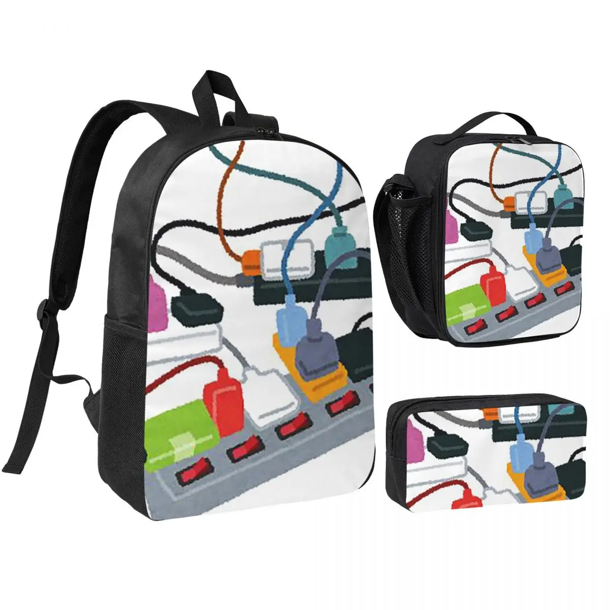 Mysterious And Colorful Cable Charger Backpack Student BookBag School Bag Shoulder Bags 3ps Insulated Lunch Bag Pencil Case