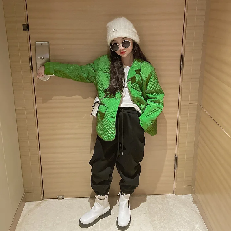 

Girls Coat Jacket Cotton Outwear Overcoat 2022 Green Warm Thicken Plus Velvet Winter Breathable Children's Clothing