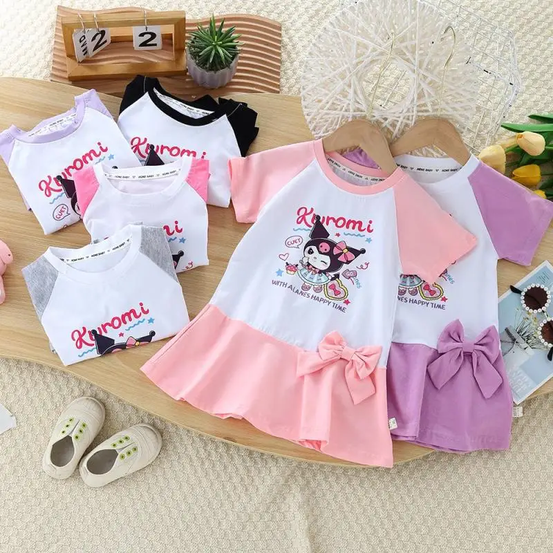 Anime Sanrios Kinderen Zomerjurk Kuromi Meisjes Katoenen Korte Mouw Rok Schattige Plooirok Preppy Stijl Nieuwe Kinderkleding