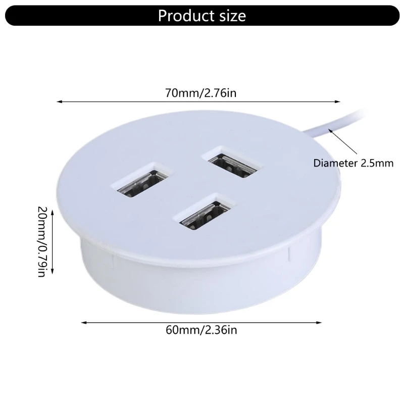 Embedded USB Charging Splitter for Office Desk Round Hole 3 Port Charging Adapter for Multiple Devices Grommet Hole 37JD