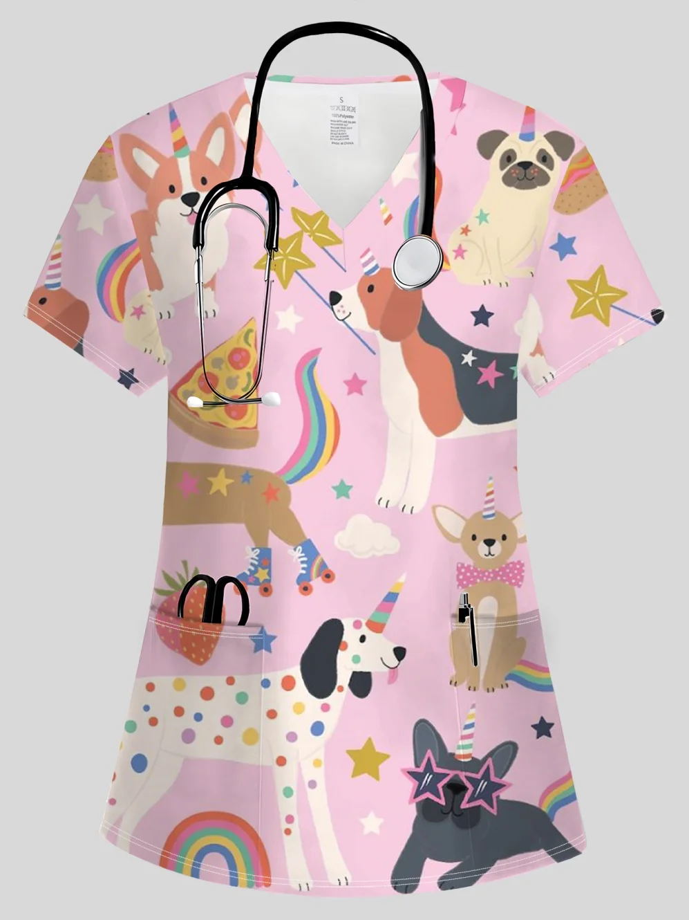 Clinical Uniforms Woman Fashion V-Neck Short Sleeve Tops New Cute Dog Print Soft Veterinarian Dentist Hospital Uniform T-Shirt