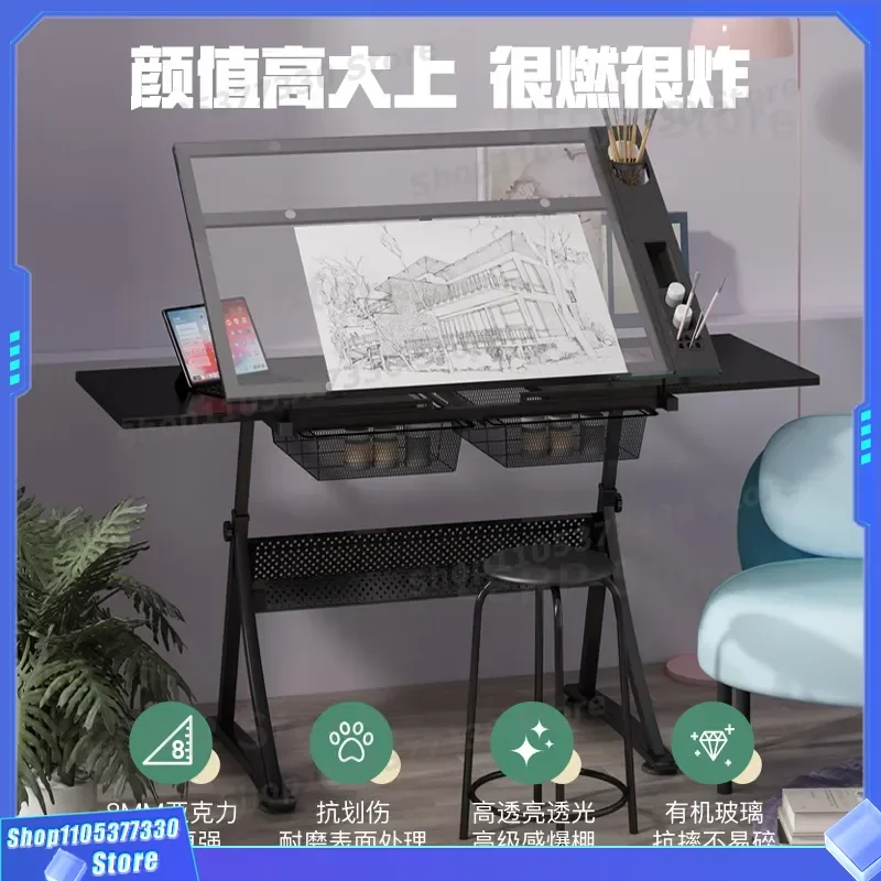 Adjustable Height Drawing Table for Artists Glass Top Painting Desk Ergonomic Workbench for Designers Computer Drafting