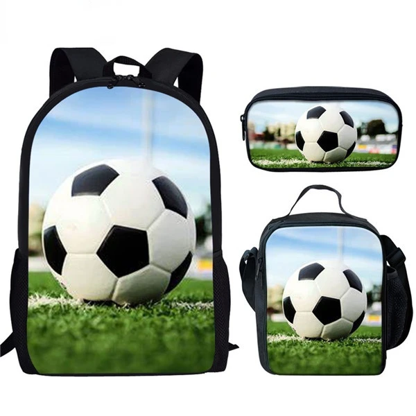 Tas sekolah motif sepak bola kreatif, 3 buah tas sekolah pelajar anak laki-laki perempuan remaja, tas ransel kampus kasual, tas pensil, tas makan siang