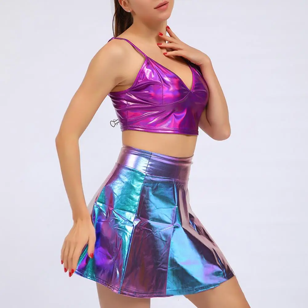 

Lady Mini Skirt Women's Glossy Faux Leather A-line Mini Skirt with Elastic Waist Loose Hem High Waist for Cocktail Parties Club
