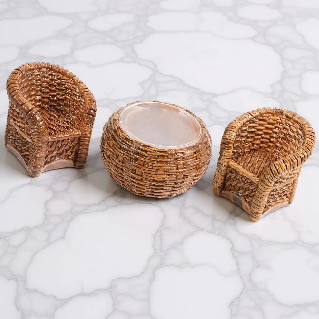 

1Set Eco Conscious Bamboo Crafted Mini Furniture Set Woven Rattan Table Chair for Dollhouse Styling Vintage Decor