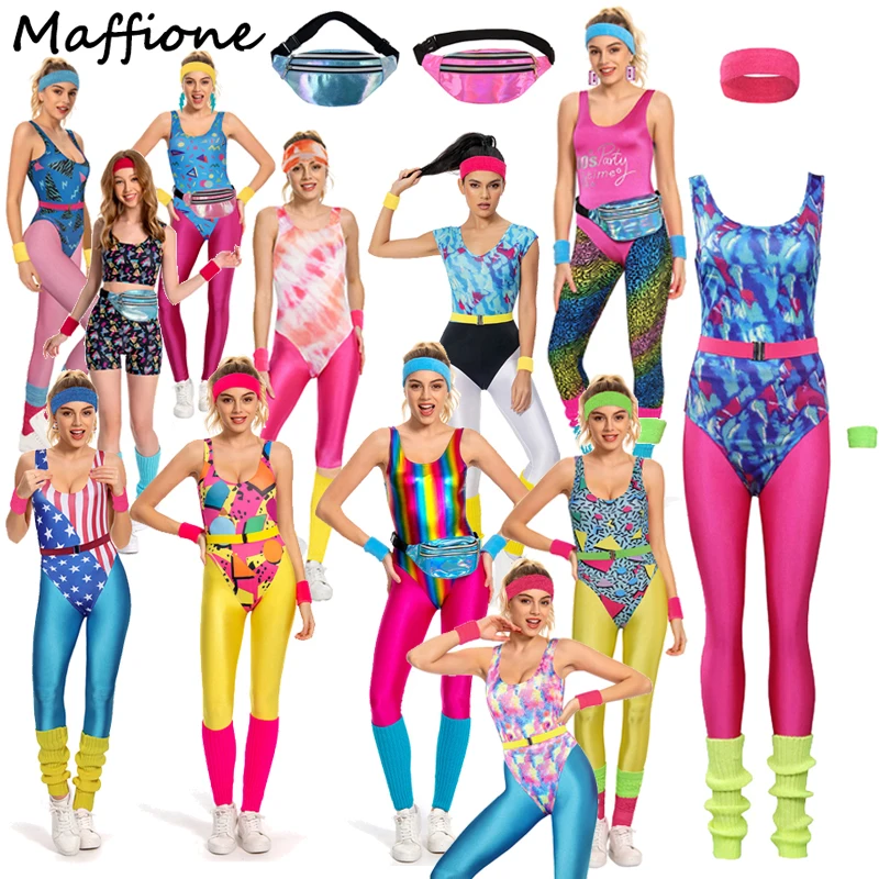 6Pcs/set Adult Women 80s Hippie Disco Cosplay Costume Outfits Sportwear Retro Female Fitness Clothes Halloween Carnival Suit