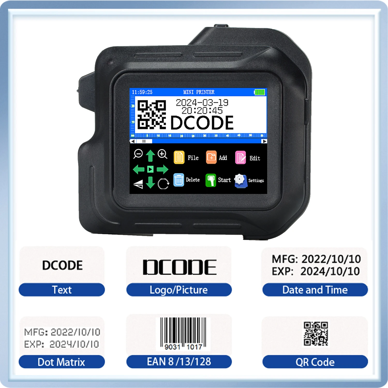 Imagem -02 - Dcode-impressora a Jato de Tinta Portátil Mini Impressora Portátil Código de Barras qr Logotipo Data Codificação de Imagem 28 Touchscreen 127 mm Dc98