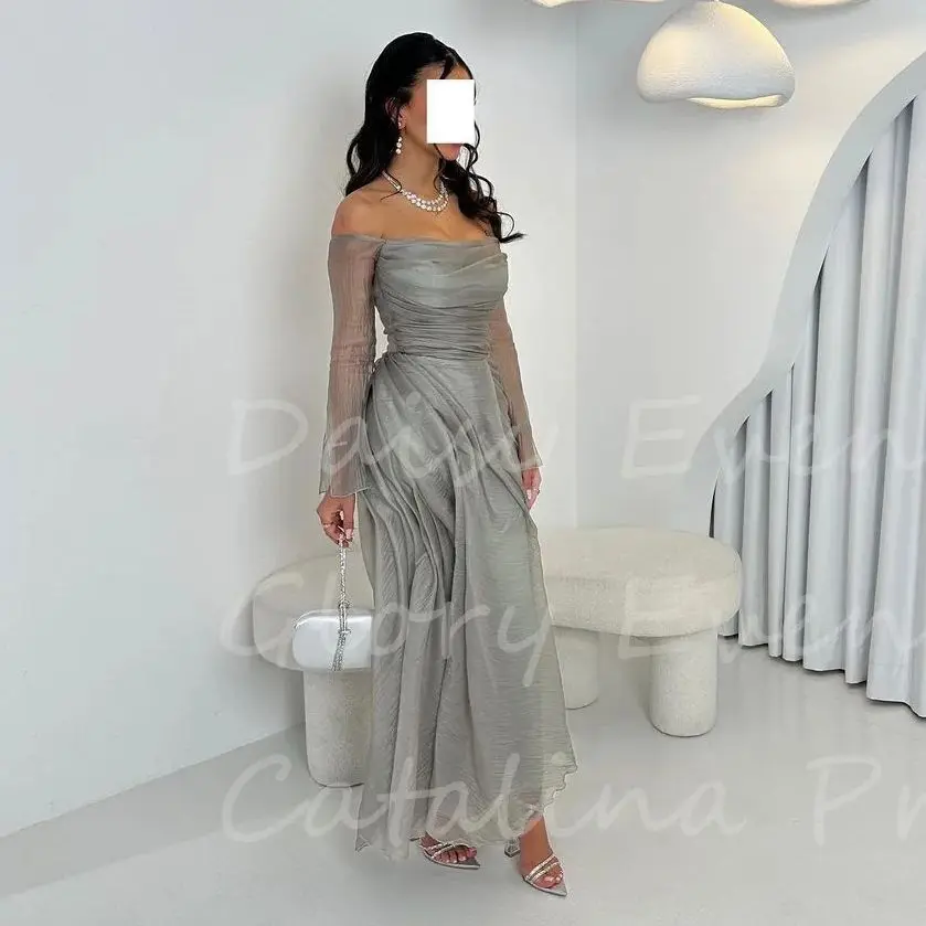 

Vintage Elegant Evening Dress Gala Prom Dresses Off Shoulder Saudi Arabia Long Sleeves Ankle-Length Formal Wedding Party Dress