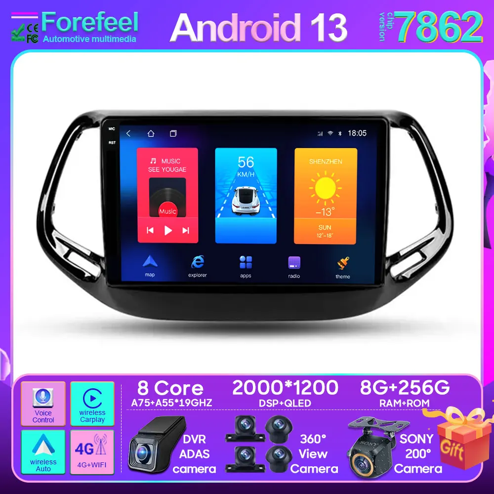 

Android 13 Car Radio Multimedia Player For Jeep Compass 2017 2018 2019 2020 Stereo Unit Carplay Android Auto GPS Wifi 2din DVD