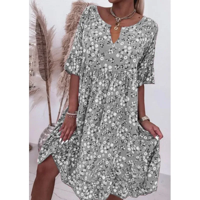 Vestido de media manga con estampado Floral para mujer, traje holgado hasta la rodilla con cuello en V, moda de verano, 2024