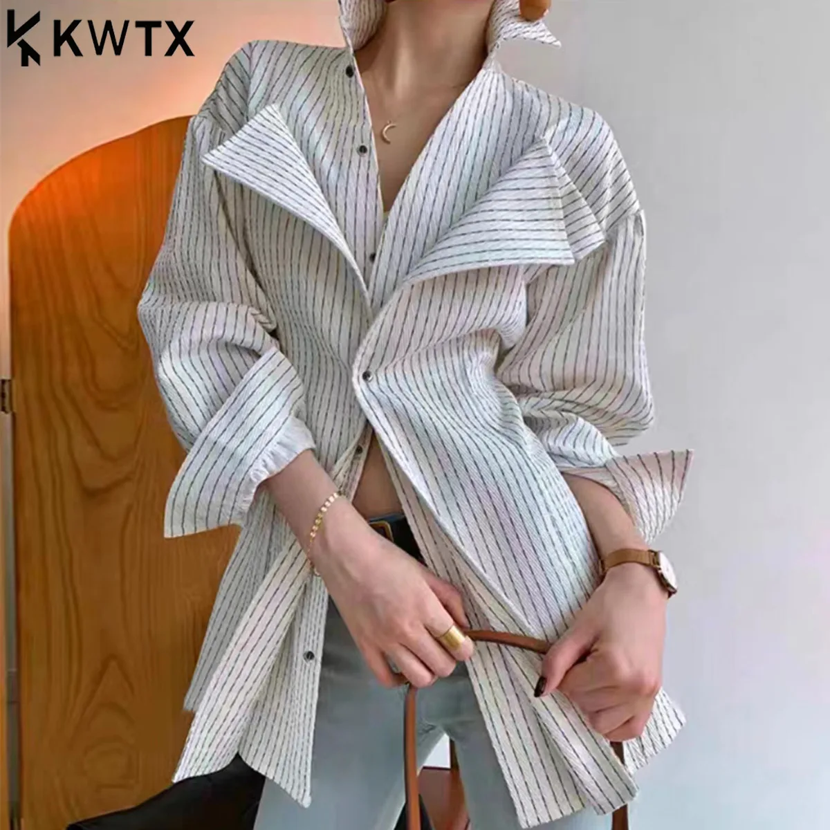 

KWTX 2025, новая модная французская элегантная полосатая рубашка, женская дизайнерская блузка из двух предметов, шикарные офисные повседневные модные универсальные топы