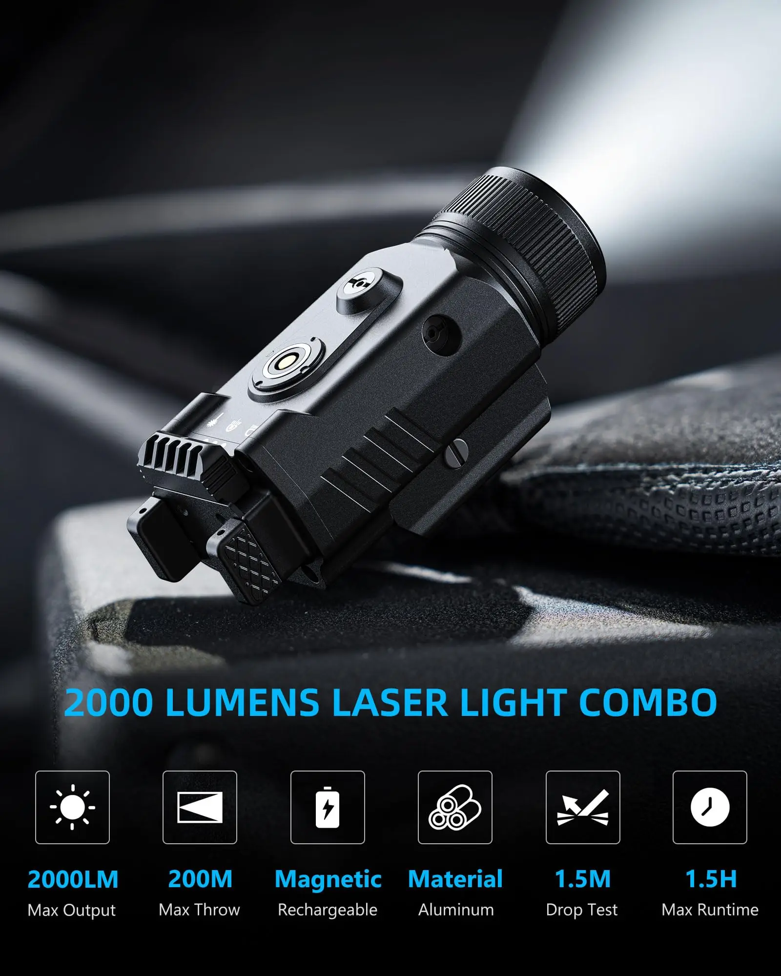 

EZshoot Flashlight 2000 Lumen Light Combo for Pistol Picatinny Adjustable Slide Rail Magnetic Rechargeable for Hunting