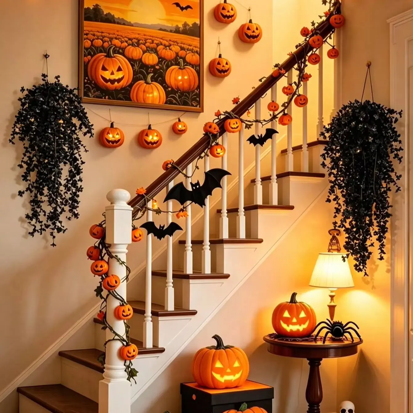 6pcS Halloween Black Artificial Hanging Eucalyptus Vine Fake Plant Wall Door Porch Hanging Decor Spooky Halloween Party Supplies - view 2