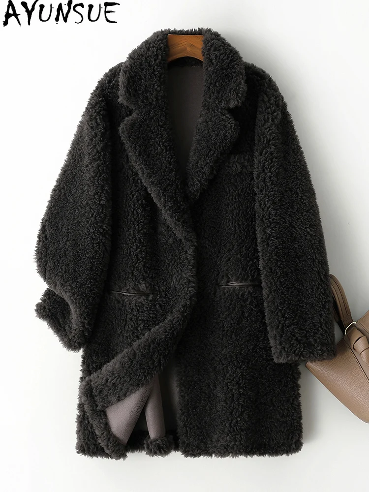 AYUNSUE 100% Natural Wool Coats for Woman Fashion Mid Length 2025 Winter Lamb Fur Jacket Woman Clothes High Quality Abrigo Mujer