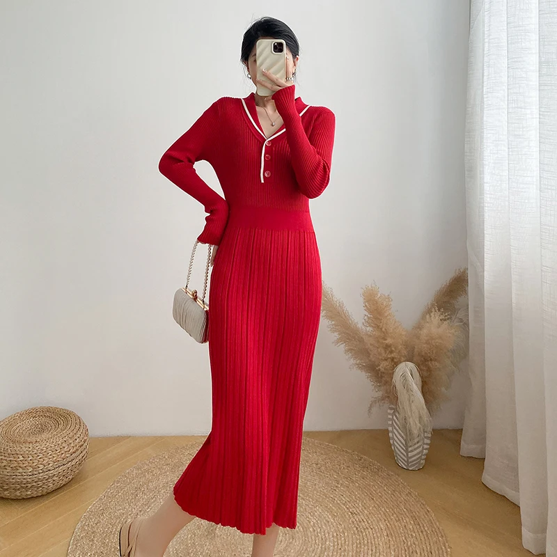 

Christmas Vintage Knitted Dress Women Contrast Color V-neck Long Sleeve Slim Long Dresses Autumn Winter Bottoming Vestidos Robe