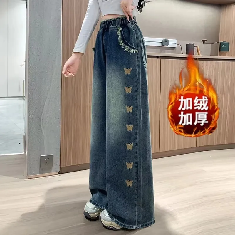 Plus Size 3XL Fat Fleece Jeans For Women Straight Trousers Wide Leg Loose Fit Tight Elastic Waist Slimming For Women Denim Pants