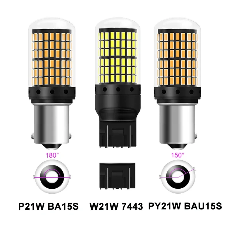 2 PCS P21W 1156 BA15S BAU15D LED Bulb Backup Brake Turn Signal Lights 7443 W21W Tail Reverse Lamps 12V 144-3014SMD Super Bright