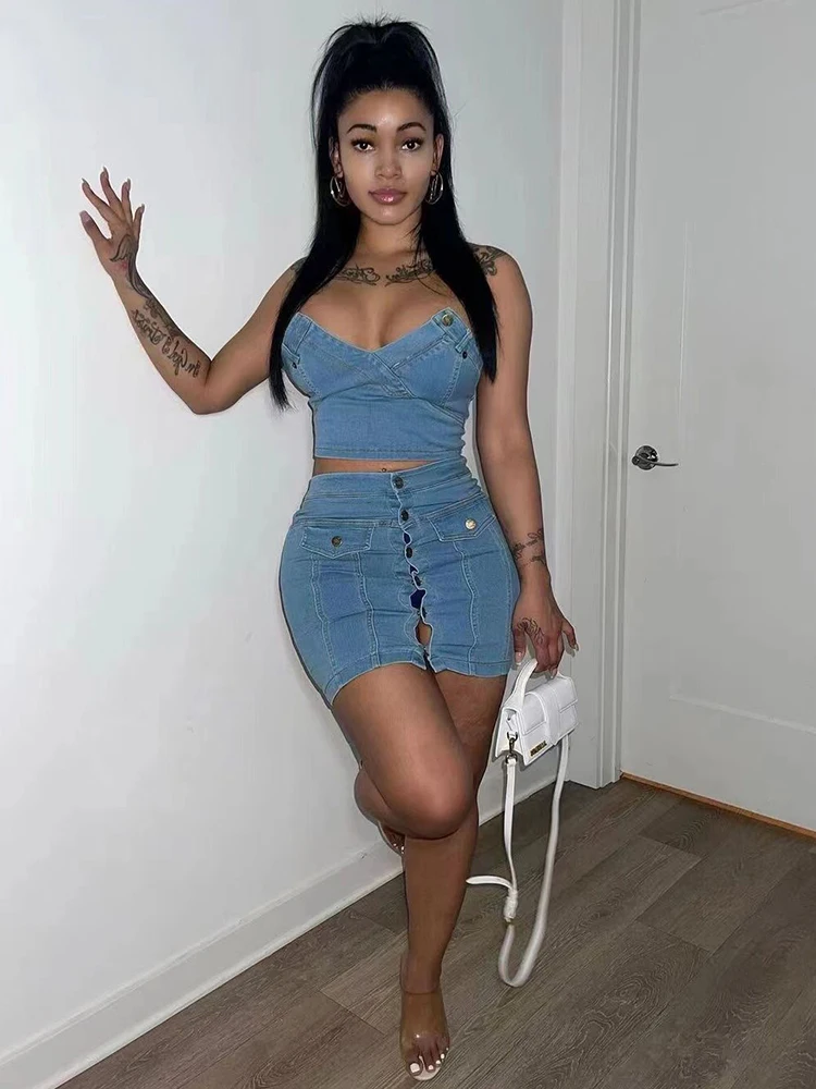 

Summer Women 2 Piece Set Denim Fashion Female Hot Girl Cover Up Vest and Mini Skirt Sets Sexy Suit Wholesale Dropshipping