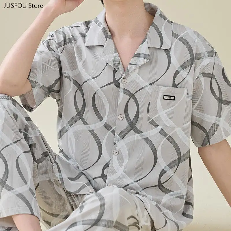 Men Summer Pure Cotton Sleepwear Set, Short Sleeve Long Trousers Lapel Open Cardigan Home Clothes Two Piece Outfit