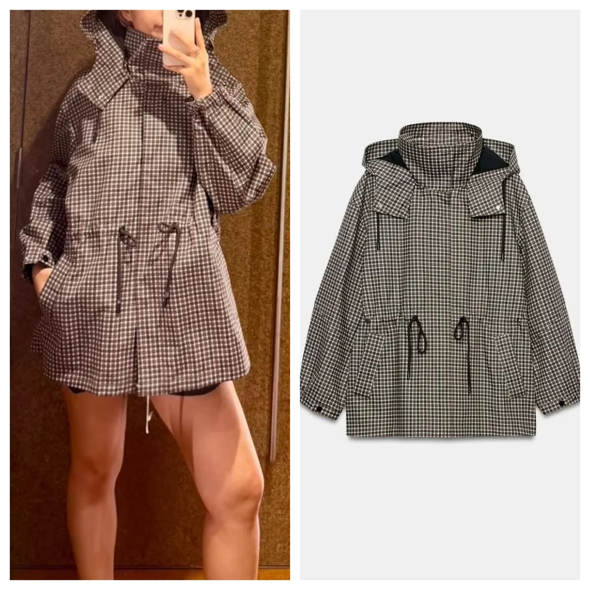 Guobioziy Women 2026 Early Autumn Plaid Hooded Jacket, Stand Collar Drawstring Waist Retro Casual Outerwear
